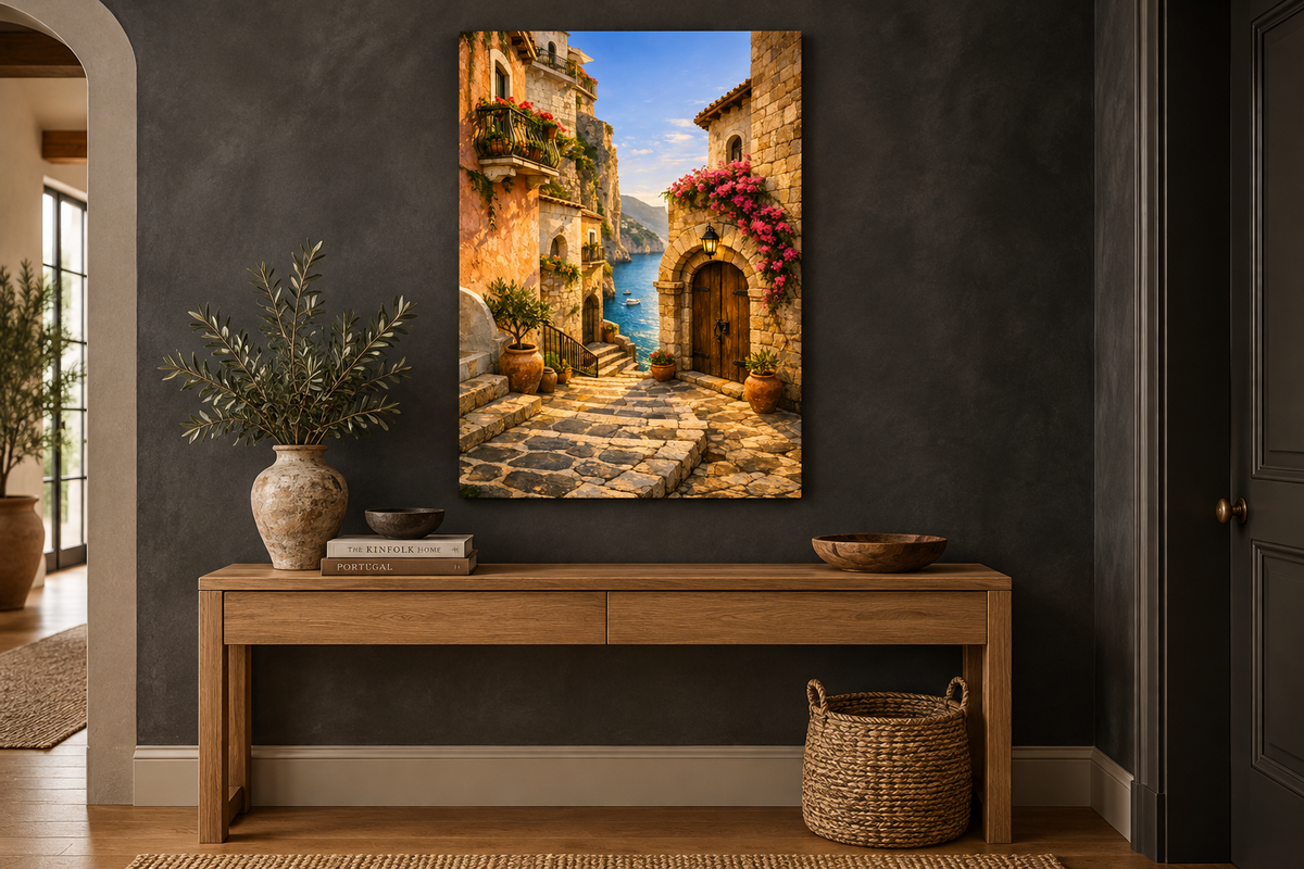 Cliffside stone village with cobbled steps canvas wall art above an oak console in a charcoal limewash hallway - Portugal Canvas Co