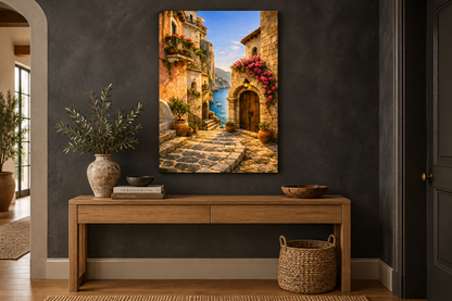 Cliffside stone village with cobbled steps canvas wall art above an oak console in a charcoal limewash hallway - Portugal Canvas Co