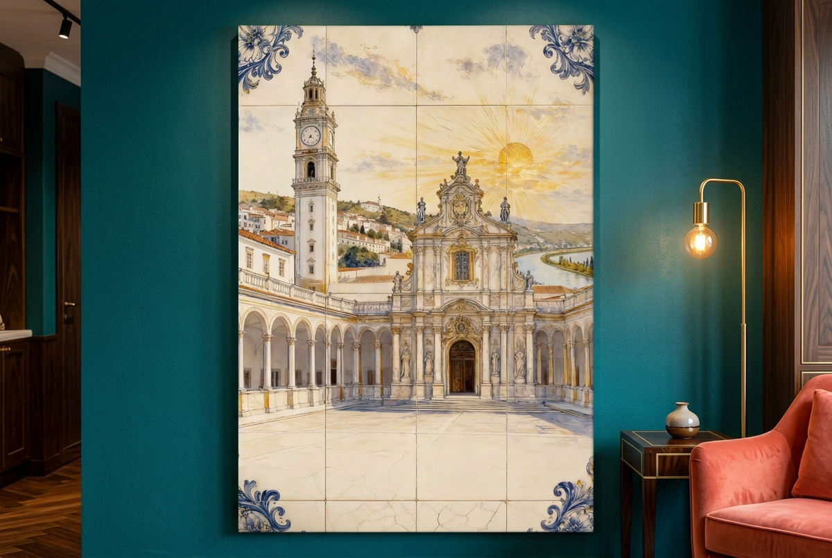 Portrait Coimbra architecture canvas on a peacock teal wall beside a coral chair and brass lamp - Portugal Canvas Co
