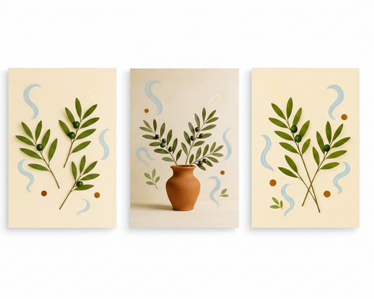 Olive Branch Botanical Canvas Set three-panel triptych flat lay overhead view on white background - Portugal Canvas Co