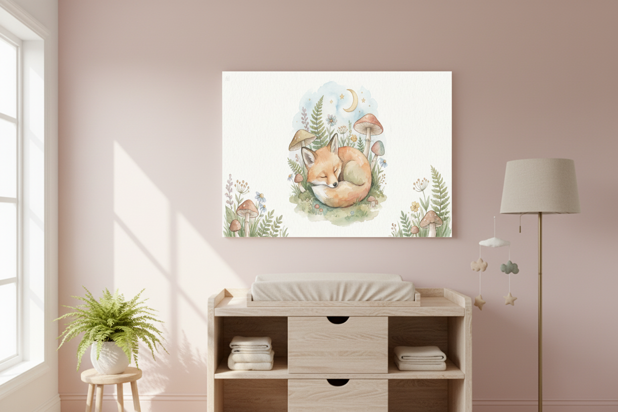 Sleeping baby fox nursery canvas wall art on a pastel pink nursery wall above a changing table - Portugal Canvas Co
