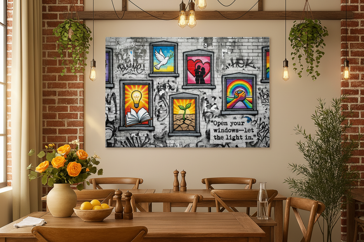 Open your windows let the light in Banksy style canvas wall art displayed on the wall of a trendy urban café with exposed brick walls and Edison bulb lighting - Portugal Canvas Co