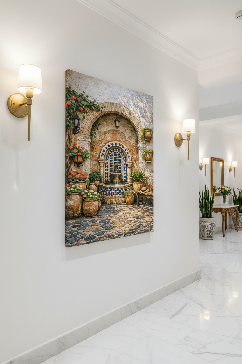 Mediterranean courtyard fountain canvas wall art displayed on a white wall in a luxury hotel corridor with marble floors and warm sconce lighting - Portugal Canvas Co