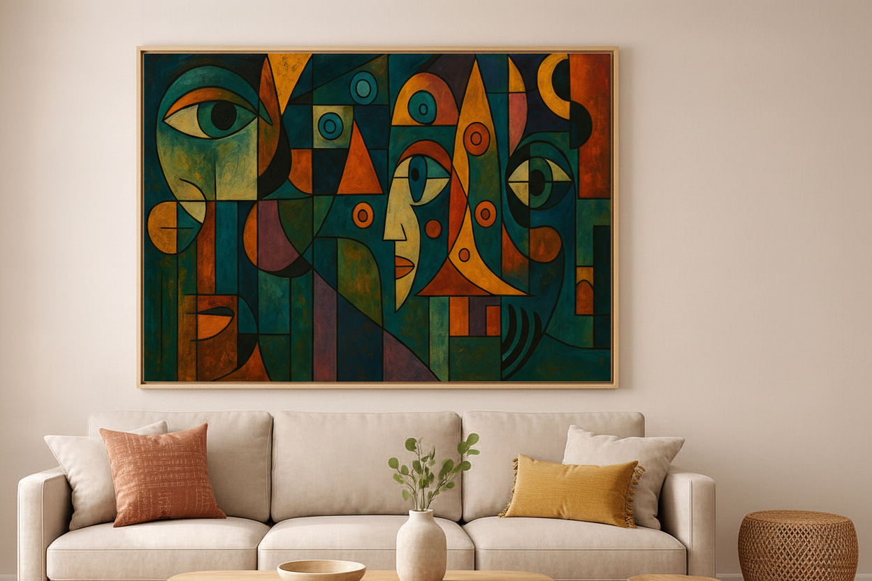 Colorful cubist faces abstract canvas wall art displayed on warm white wall above cream linen sofa in warm bohemian living room - Portugal Canvas Co