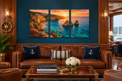 Algarve golden cliffs sunset triptych canvas on a teal wall in a yacht club lounge - Portugal Canvas Co