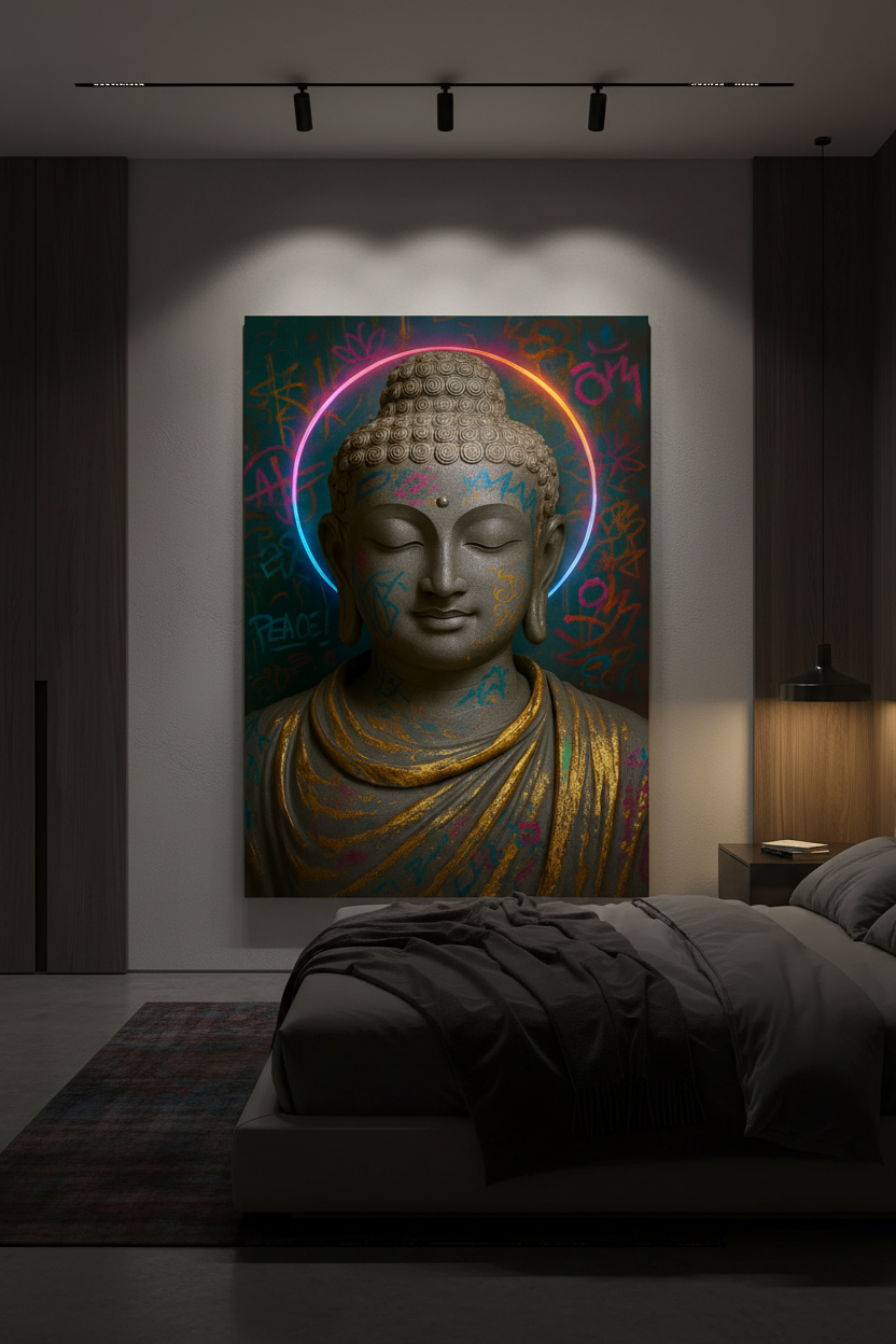 Graffiti Buddha neon halo canvas wall art displayed in a contemporary moody bedroom - Portugal Canvas Co