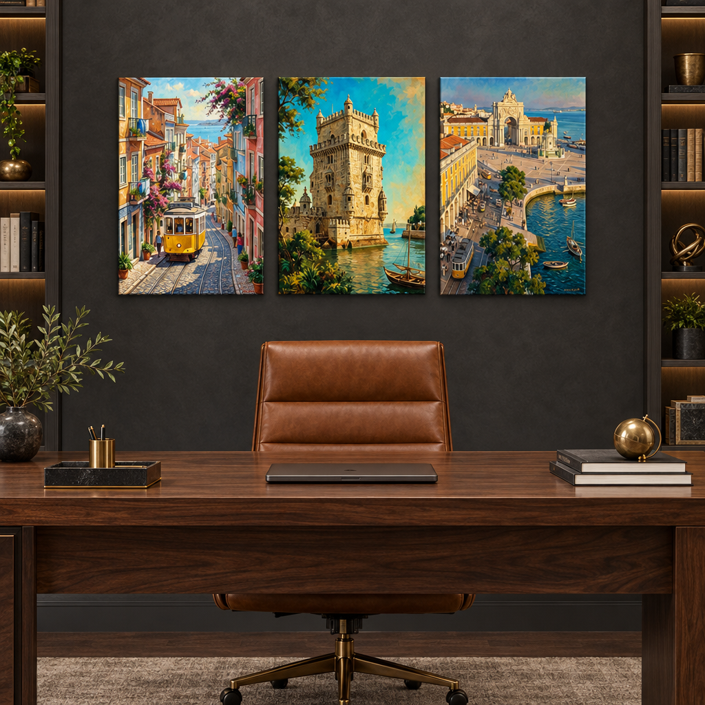 Lisbon three-panel canvas set with a yellow tram, Belém Tower and Praça do Comércio in a charcoal home office - Portugal Canvas Co