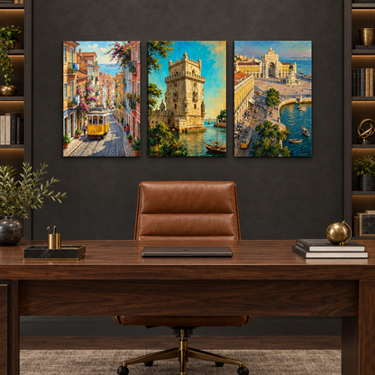 Lisbon three-panel canvas set with a yellow tram, Belém Tower and Praça do Comércio in a charcoal home office - Portugal Canvas Co