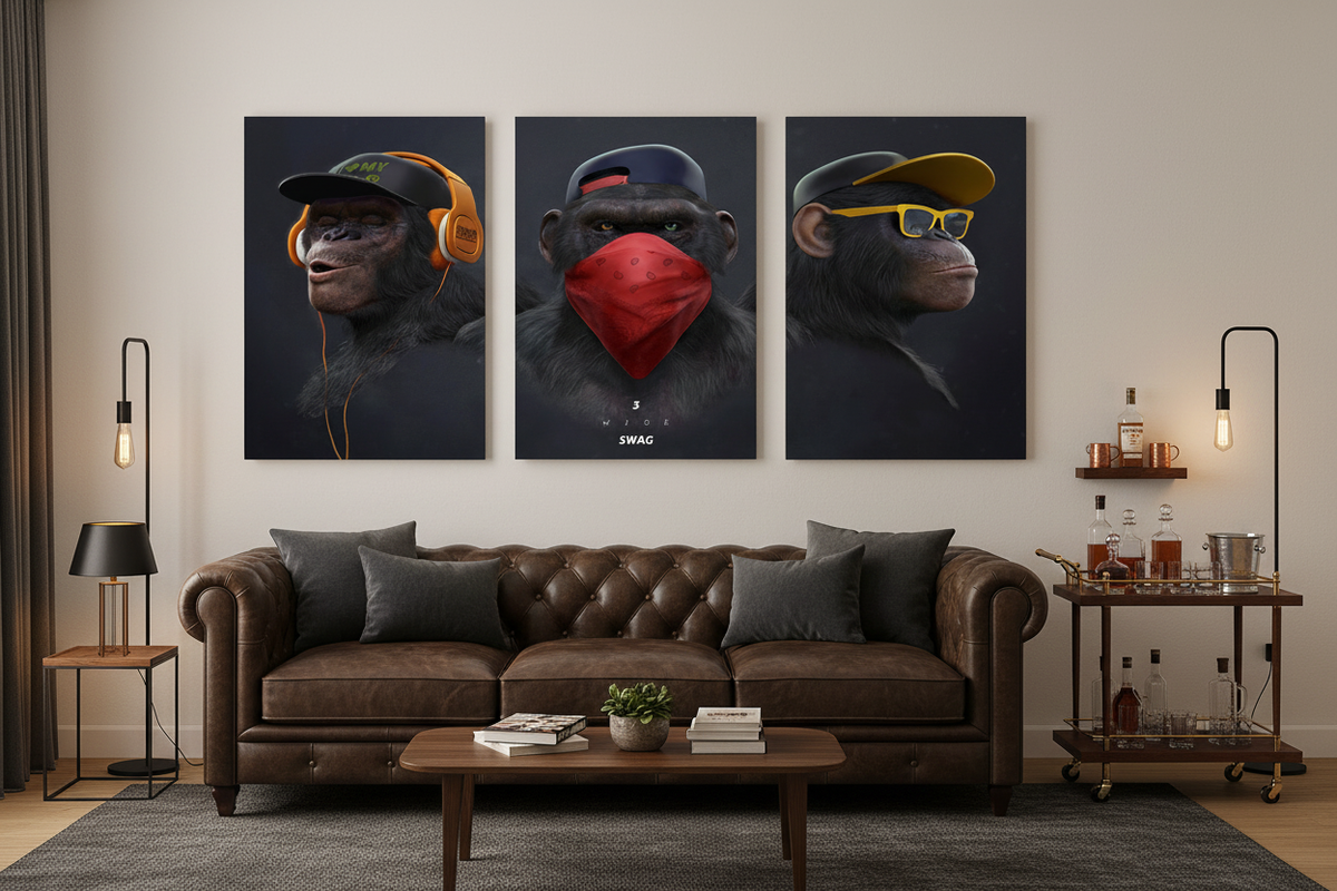 3 Wise Swag monkey triptych canvas prints in a sophisticated man cave with dark leather sofa and warm low lighting - Portugal Canvas Co