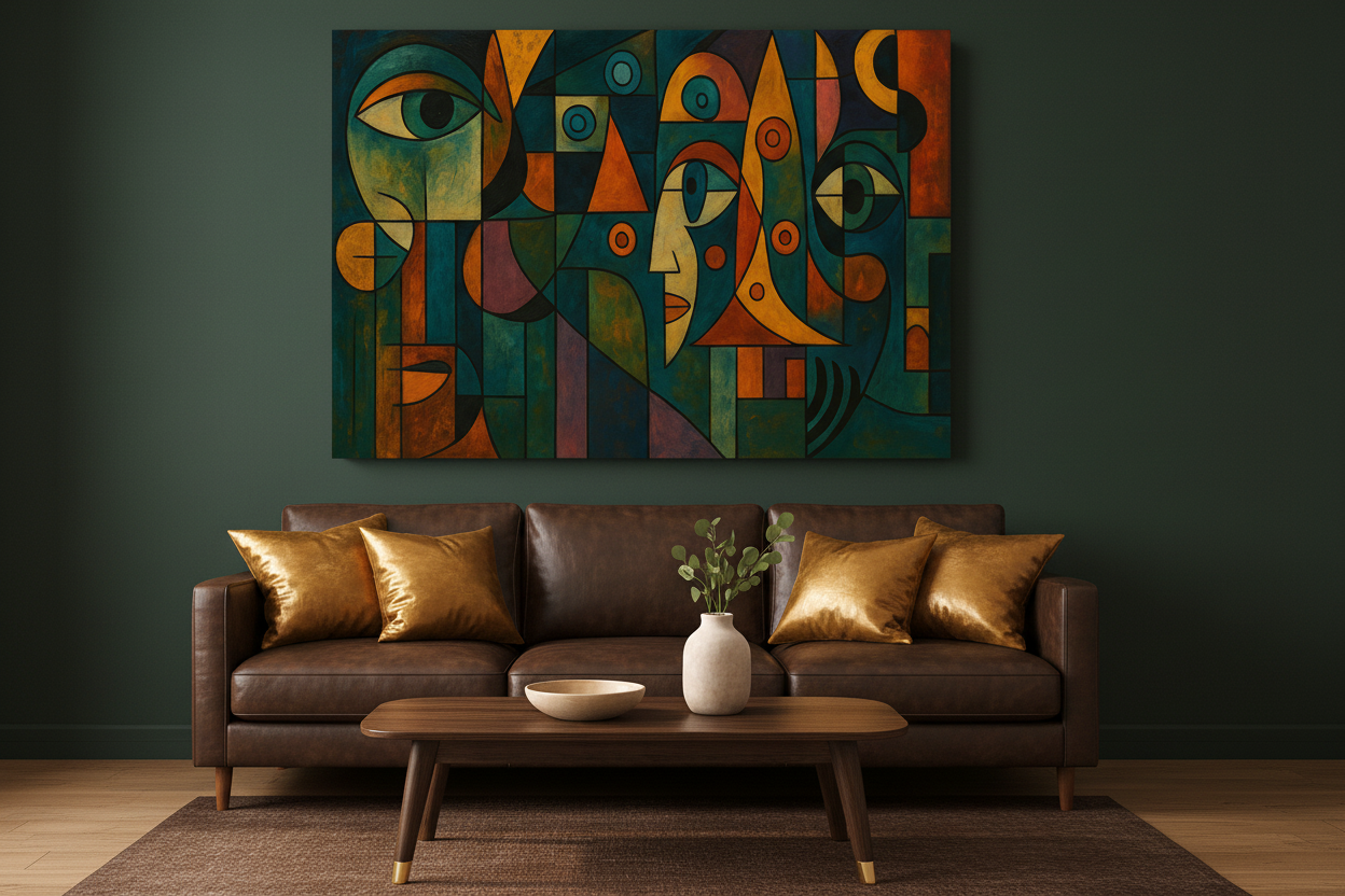 Colorful cubist faces abstract canvas wall art displayed on forest green wall above dark leather sofa in rich moody eclectic living room - Portugal Canvas Co