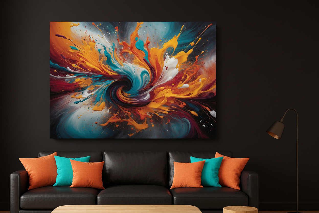 Vibrant abstract swirl canvas wall art displayed on midnight black wall above black leather sofa in ultra modern dark moody loft - Portugal Canvas Co