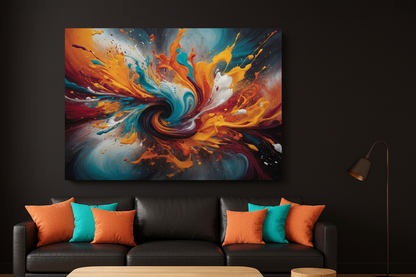Vibrant abstract swirl canvas wall art displayed on midnight black wall above black leather sofa in ultra modern dark moody loft - Portugal Canvas Co