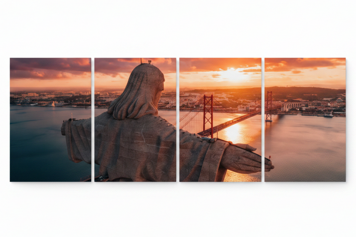 Four-panel Cristo Rei Lisbon canvas wall art on a pure white background - Portugal Canvas Co