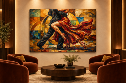 Geometric red dress tango canvas displayed in a luxury boutique hotel lounge - Portugal Canvas Co