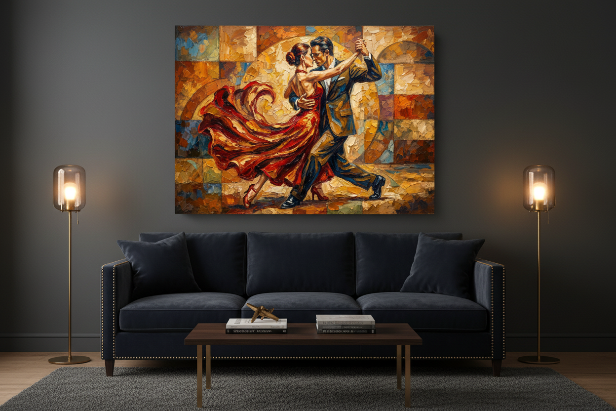 Fiery dance embrace tango couples canvas wall art on a charcoal grey wall in a dark moody living room with velvet sofa and brass accents - Portugal Canvas Co