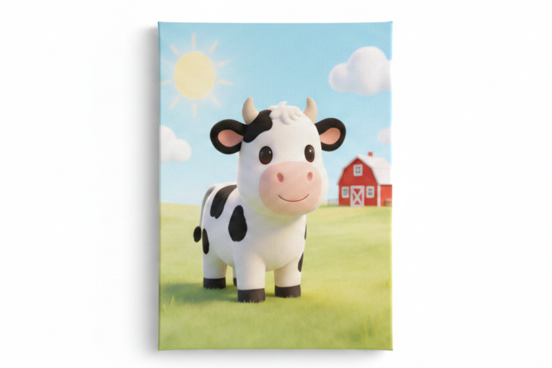 Cute cow canvas print flat lay on white background, top-down overhead view, no frame - Portugal Canvas Co