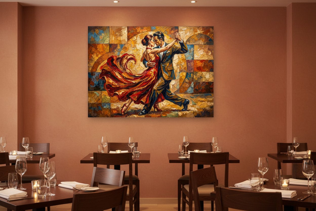 Fiery dance embrace tango couples canvas wall art on a terracotta wall in an upscale candlelit restaurant dining room - Portugal Canvas Co