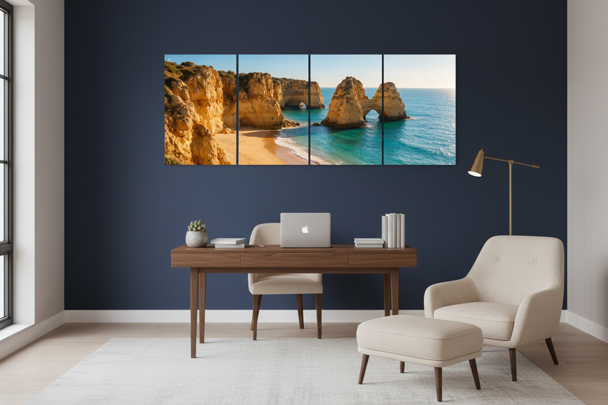 Four-panel Old Town Albufeira canvas wall art in a bright home office - Portugal Canvas Co