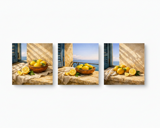 Mediterranean Lemon Window Trio coastal still life triptych flat lay overhead view on white background - Portugal Canvas Co