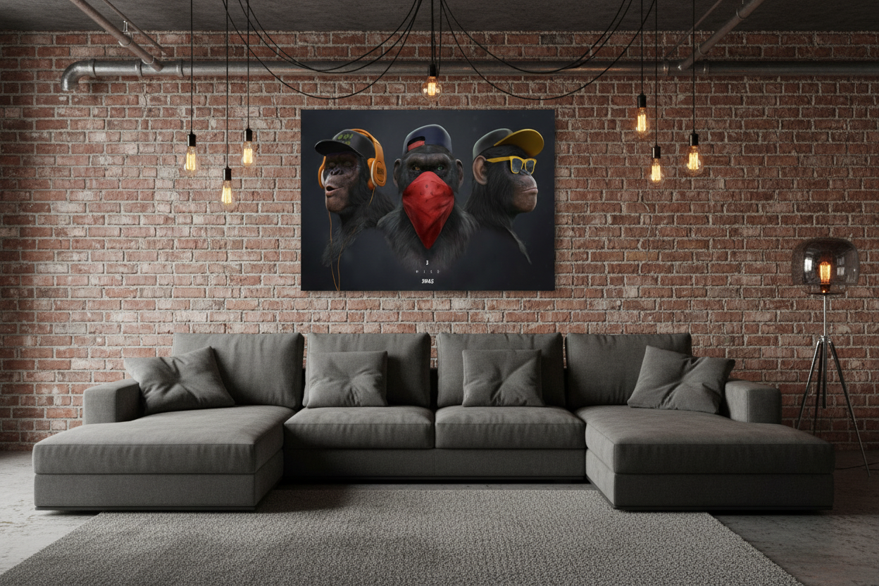 Three wise swag monkeys canvas wall art displayed above a dark sectional sofa in a modern industrial living room with exposed brick wall - Portugal Canvas Co