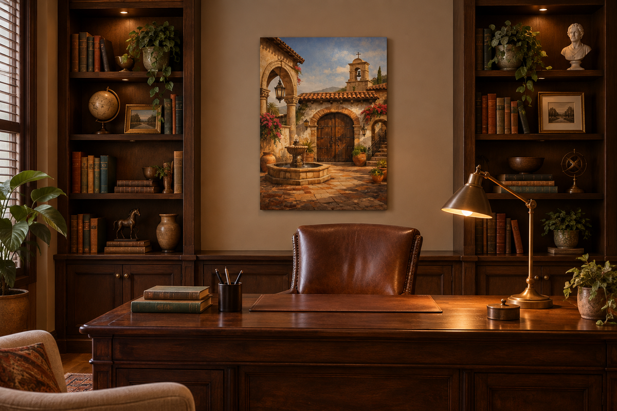 Mediterranean stone courtyard canvas wall art above a leather desk chair in a refined home office study - Portugal Canvas Co