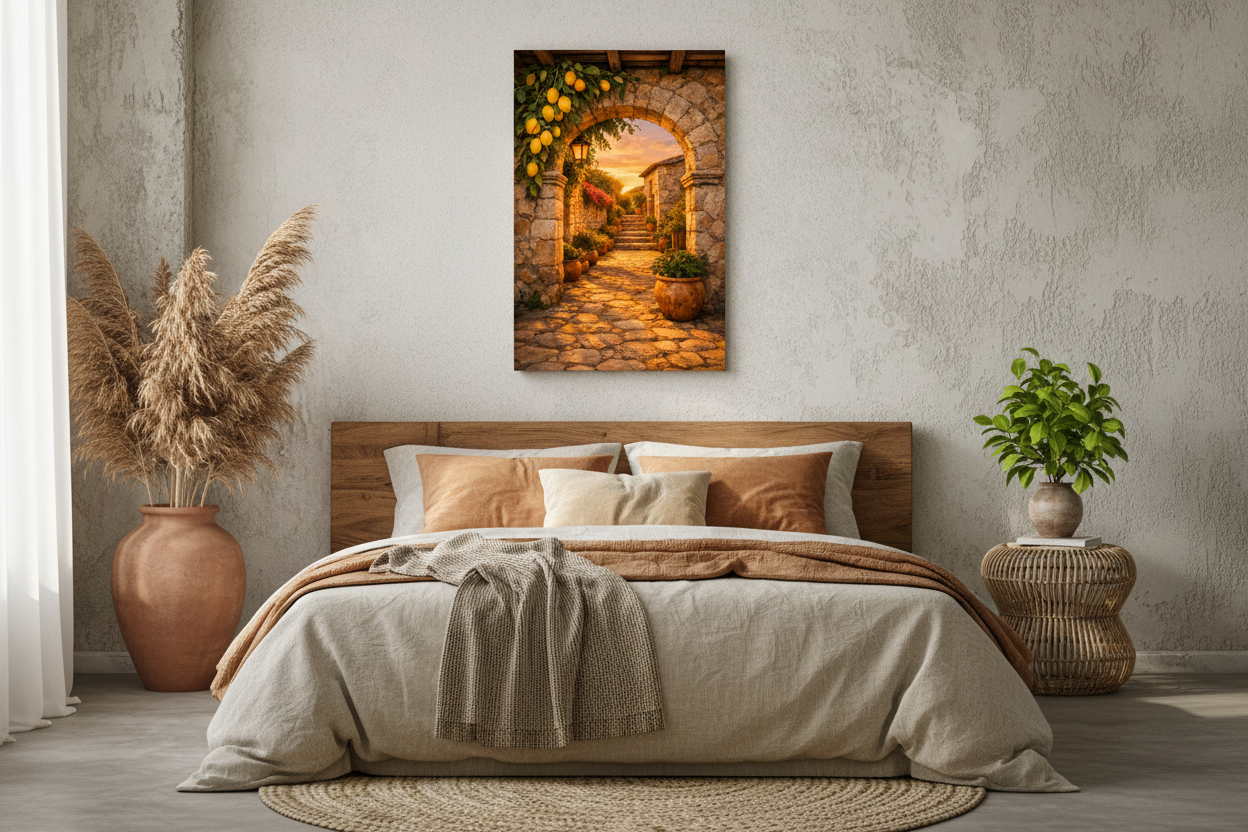 Lemon archway at sunset canvas print above bed in warm Mediterranean bedroom with sand and amber linen and rattan bedside table - Portugal Canvas Co