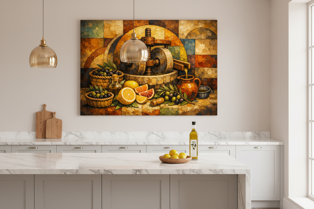 Olive oil press still life rustic Mediterranean canvas wall art displayed in a bright modern kitchen interior - Portugal Canvas Co