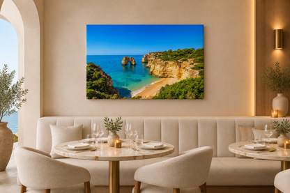 Algarve rock arch beach canvas above cream banquettes in a seaside restaurant - Portugal Canvas Co
