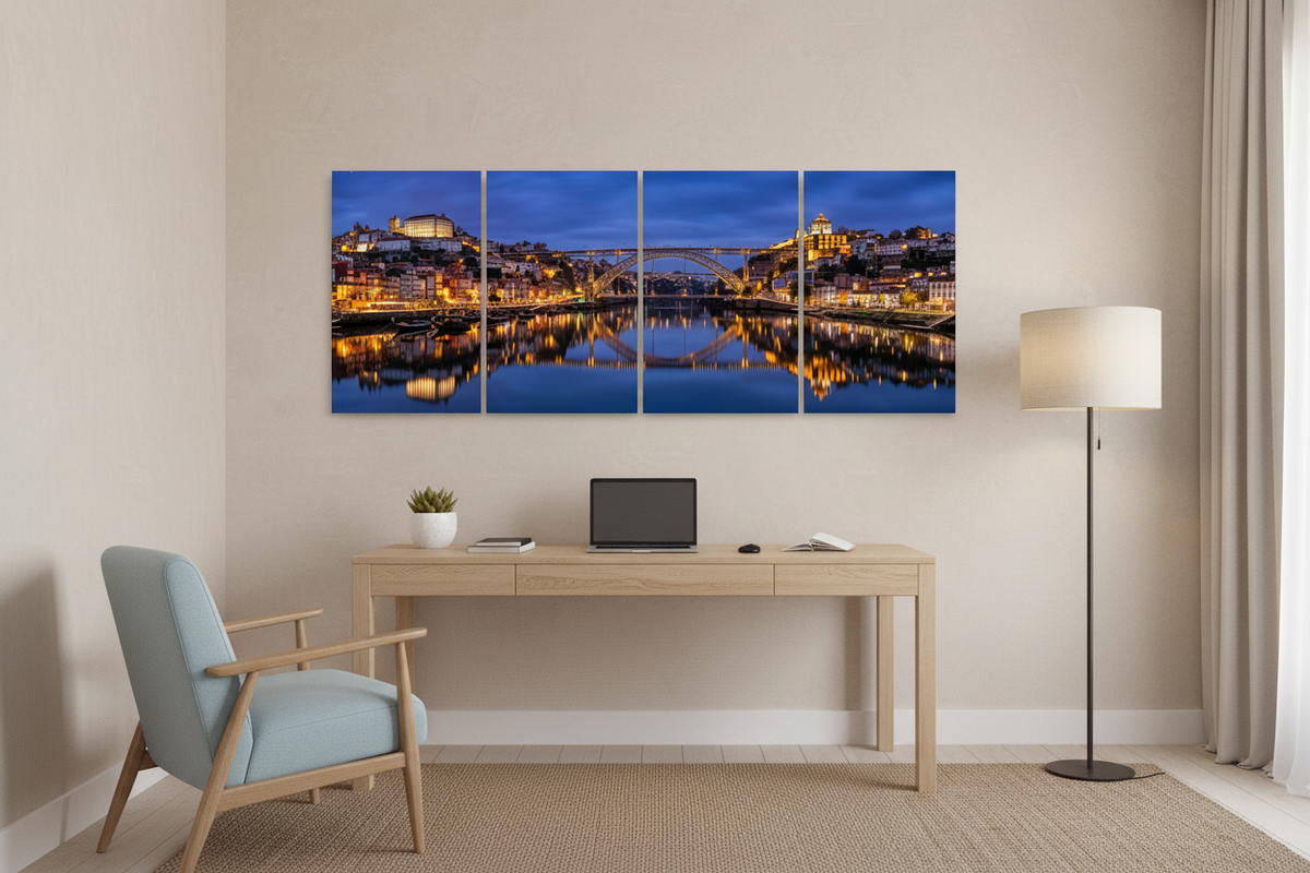 Porto Dom Luís I Bridge at night four-panel canvas wall art in a home office - Portugal Canvas Co