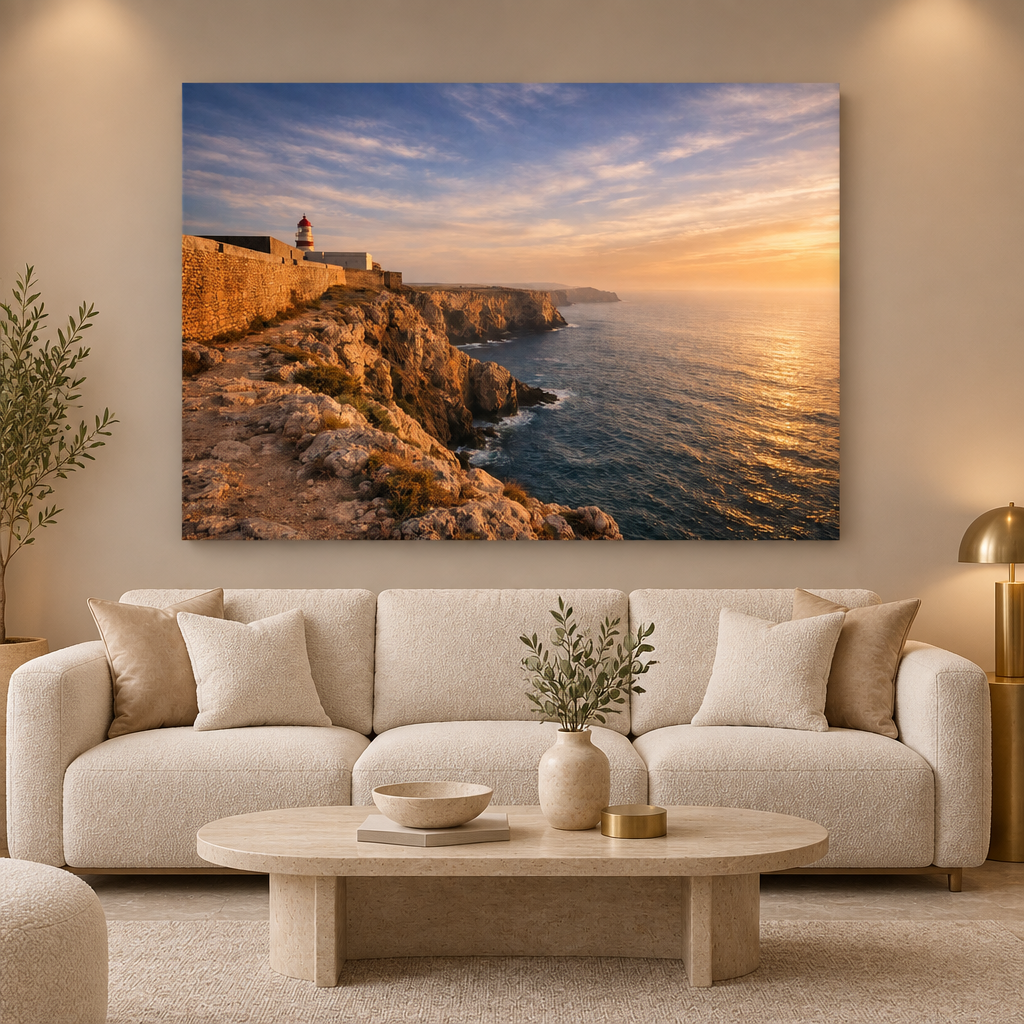 Sagres Fortress sunset canvas above a cream sofa in an ivory and champagne living room - Portugal Canvas Co