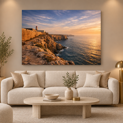 Sagres Fortress sunset canvas above a cream sofa in an ivory and champagne living room - Portugal Canvas Co