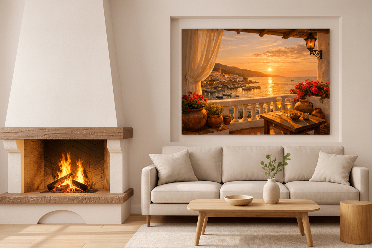 Mediterranean harbour sunset balcony view canvas wall art hung in a recessed alcove beside a stone fireplace in an elegant living room - Portugal Canvas Co