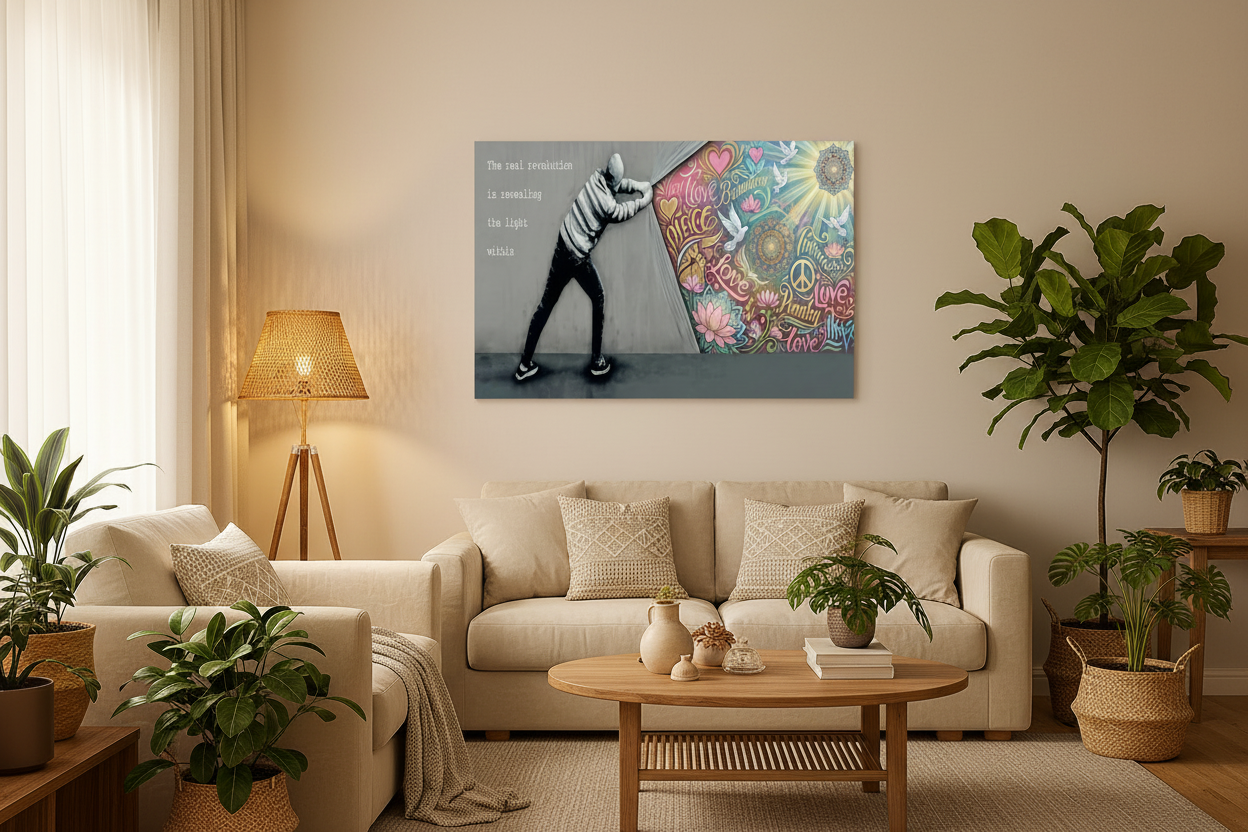 Revealing the light within Banksy style canvas wall art displayed on the wall of a bright bohemian living room with cream sofa and warm ambient lighting - Portugal Canvas Co