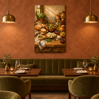 Mediterranean food still-life canvas on a terracotta restaurant wall above an olive velvet banquette - Portugal Canvas Co