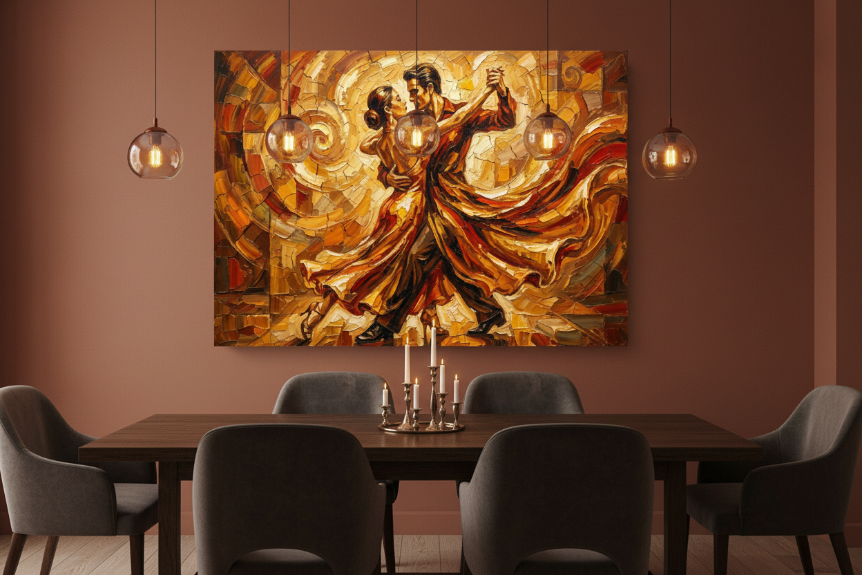 Passionate tango couples dance canvas wall art on a dark terracotta wall in a moody dining room with candlelight - Portugal Canvas Co