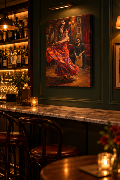 Flamenco dancer and cajon musician canvas wall art on a dark green panelled wall above a marble bar counter in an intimate tapas bar - Portugal Canvas Co
