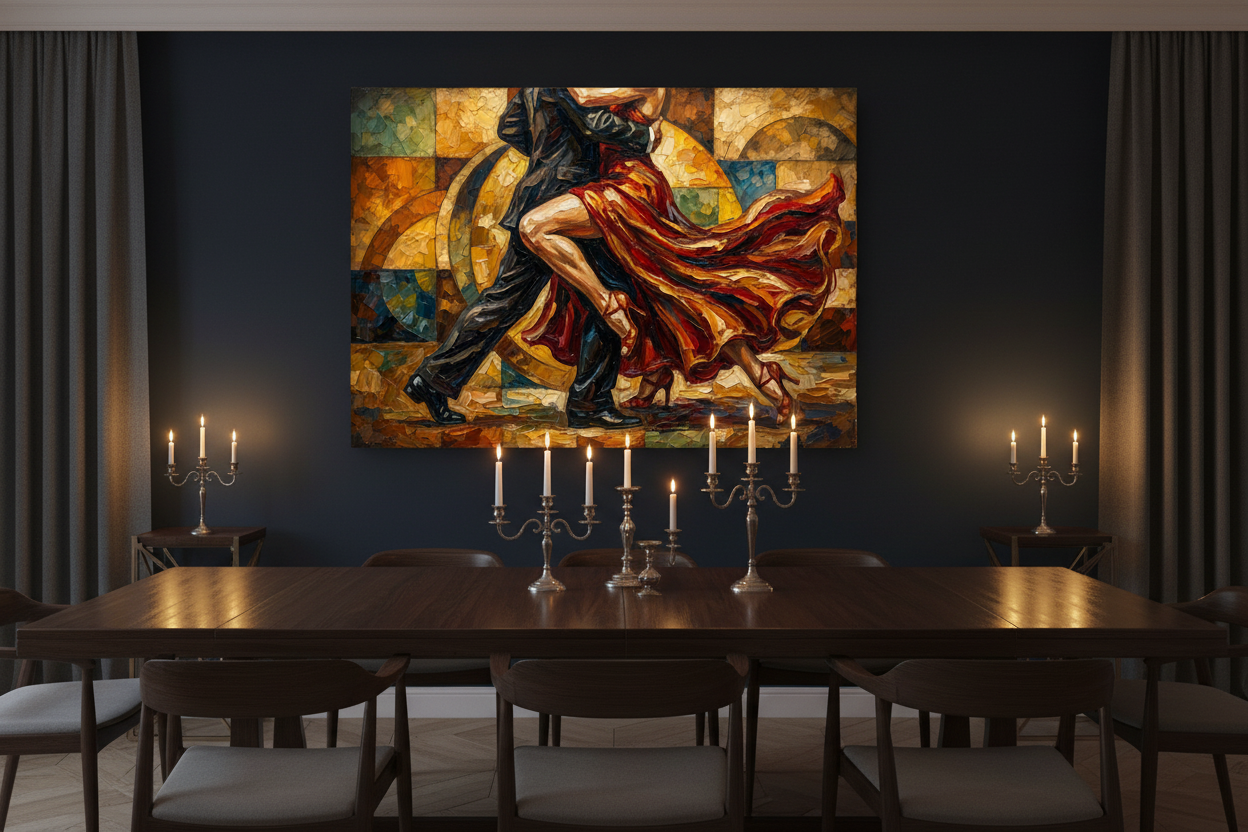 Geometric mosaic tango dance canvas wall art on a dark navy wall in a moody dining room with candlelight - Portugal Canvas Co