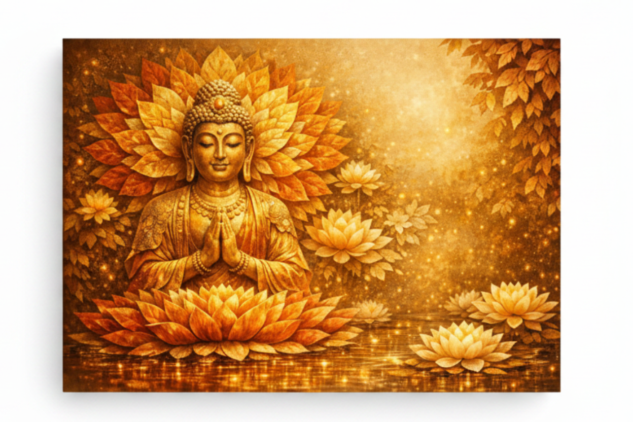 Golden lotus Buddha radiant meditation glowing orange gold leaves canvas print flat lay on white background - Portugal Canvas Co