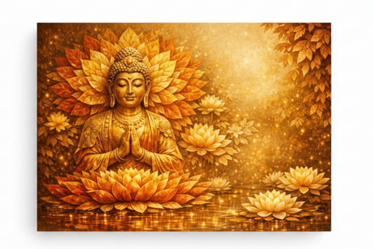 Golden lotus Buddha radiant meditation glowing orange gold leaves canvas print flat lay on white background - Portugal Canvas Co