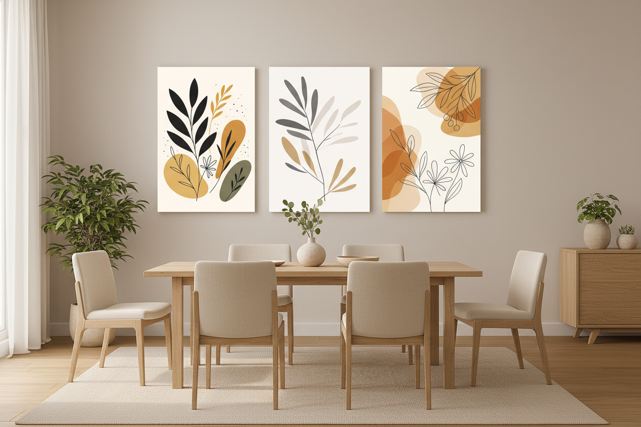 Minimalist boho botanical triptych canvas wall art set displayed on the wall of a bright Scandinavian dining room with light oak table and linen chairs - Portugal Canvas Co