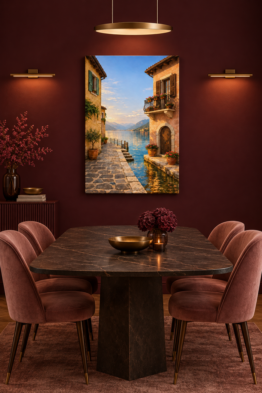 Vertical lakeside village canvas in a burgundy dining room with blush chairs and indoor lighting - Portugal Canvas Co