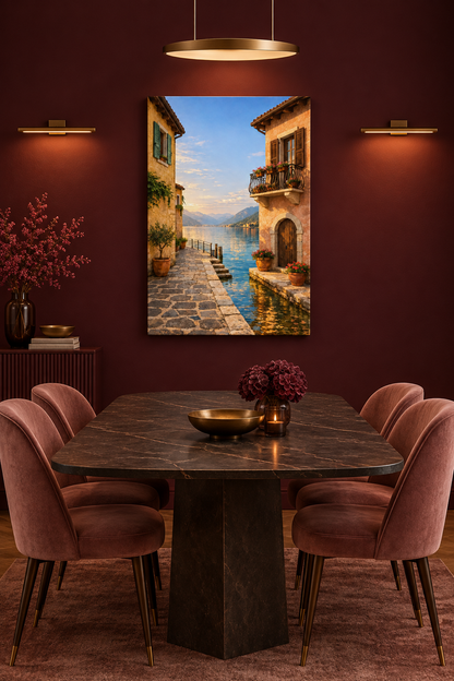 Vertical lakeside village canvas in a burgundy dining room with blush chairs and indoor lighting - Portugal Canvas Co