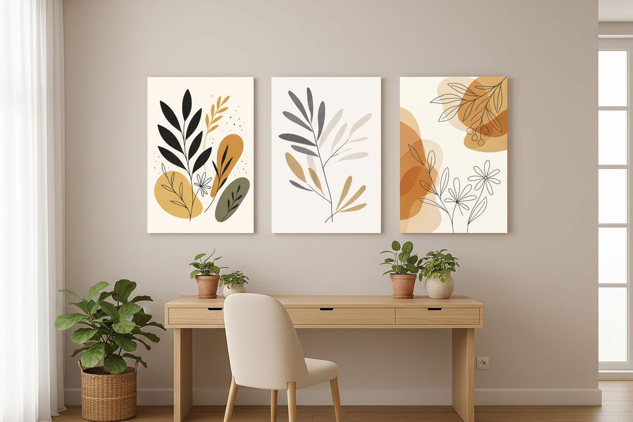 Minimalist boho botanical triptych canvas wall art set displayed on the wall of a bright minimalist home office with light oak desk and potted plants - Portugal Canvas Co