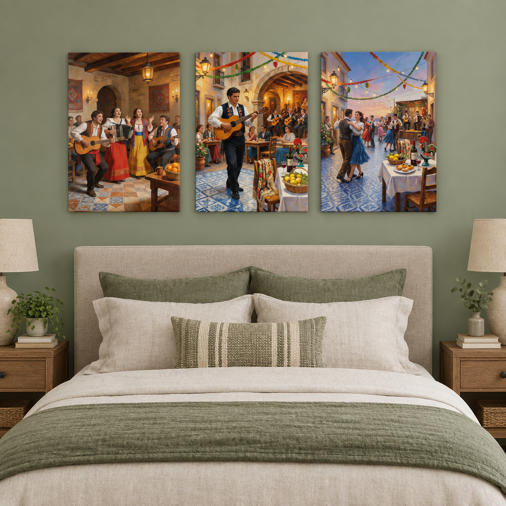 Three-panel Portuguese Festa music and dance canvas wall art in a sage green bedroom - Portugal Canvas Co