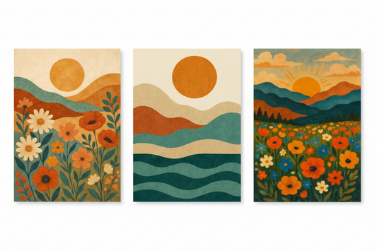 Boho nature triptych canvas wall art set with wildflowers teal ocean waves and sunset meadow landscape flat lay on white background - Portugal Canvas Co