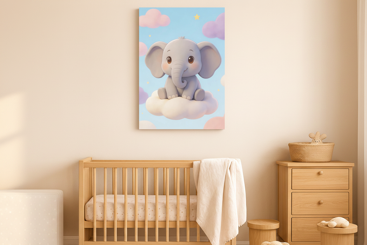 Cute elephant on cloud canvas wall art displayed in a soft pastel nursery room above a wooden crib - Portugal Canvas Co