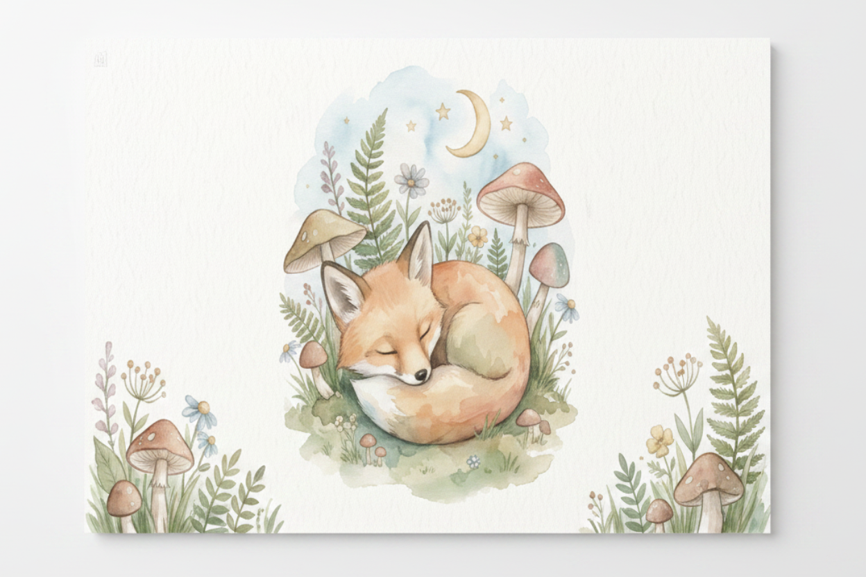 Sleeping baby fox nursery canvas wall art flat lay on white background, overhead view - Portugal Canvas Co