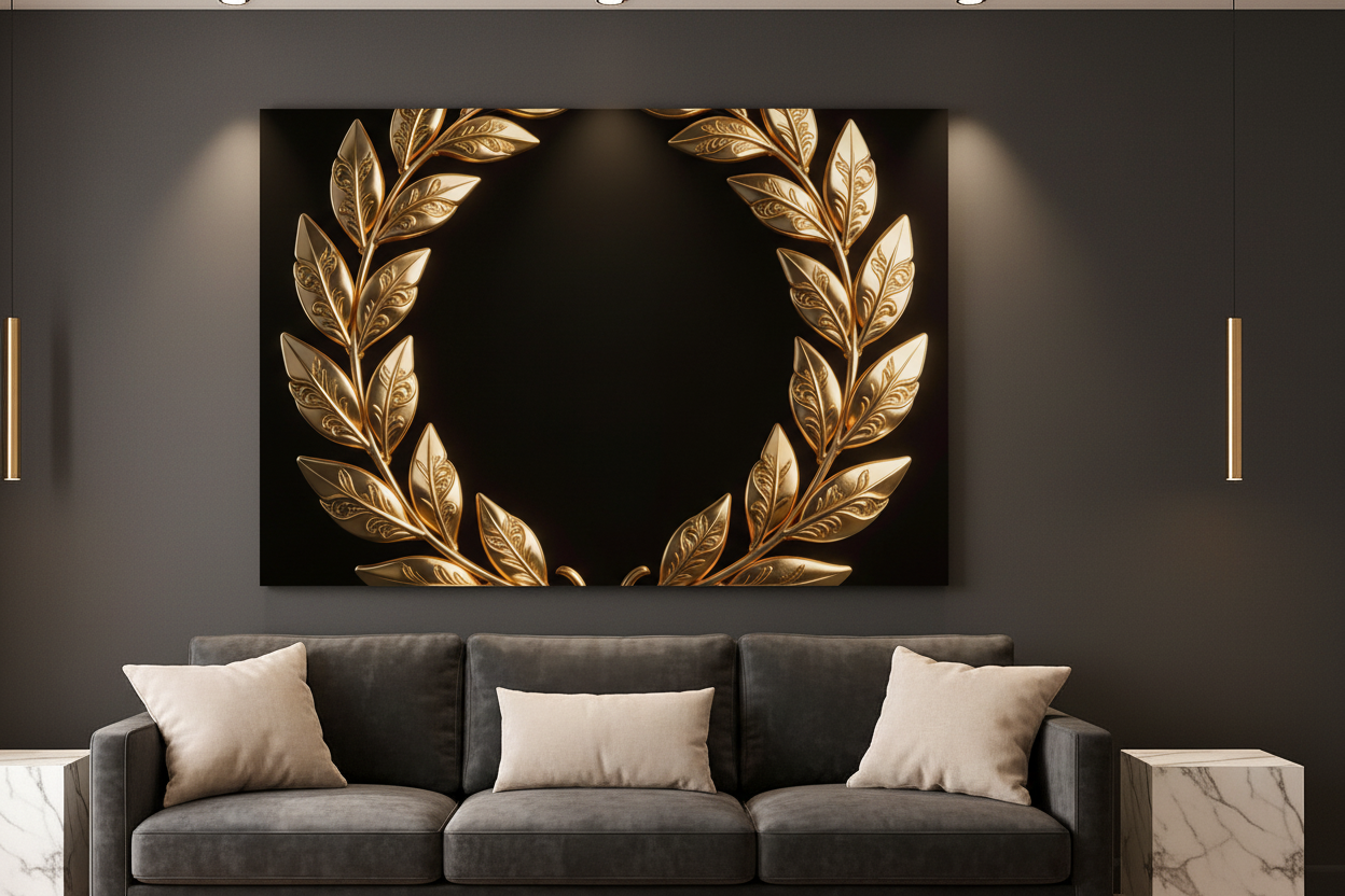 Golden Laurel Wreath canvas wall art displayed on the wall of a sophisticated dark luxury living room with charcoal walls and gold accent lighting - Portugal Canvas Co