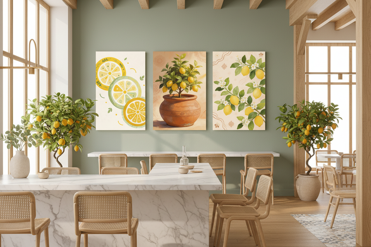 Mediterranean Lemon Wall Art Set triptych on sage green wall in a bright airy Mediterranean cafe with rattan chairs - Portugal Canvas Co