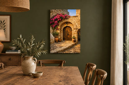 Stone archway with pink bougainvillea canvas wall art in a dark olive dining room with oak table - Portugal Canvas Co